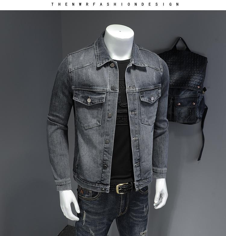 欧洲站男装2021秋季新款时尚休闲外套韩版青年帅气翻领牛仔服潮