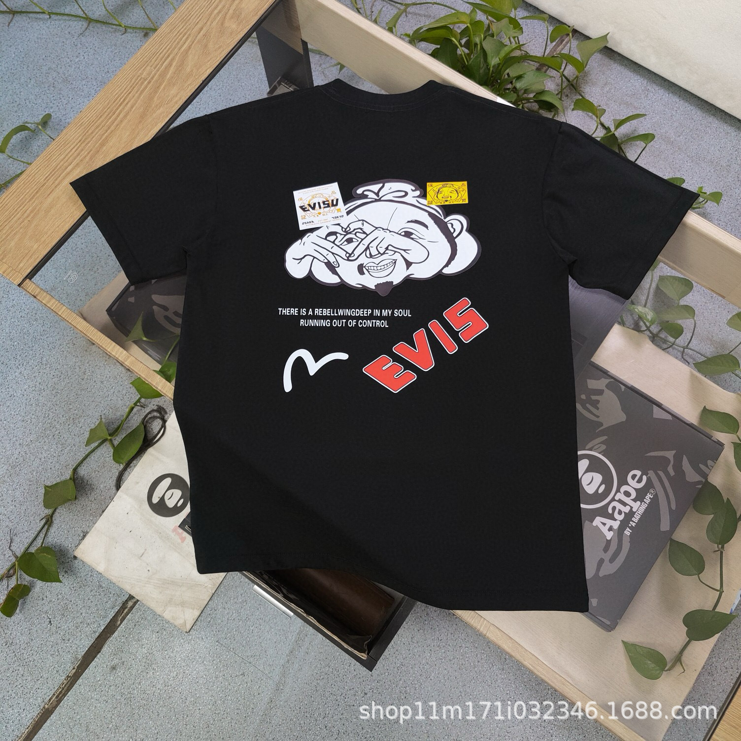 春夏新款evisu福神后背达摩佛头图案字母印花休闲情侣圆领短袖t恤