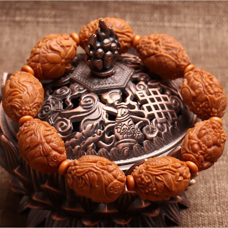 橄榄核雕刻鲤鱼戏莲手串橄榄胡核雕荷花荷叶连年有余手持手链文玩