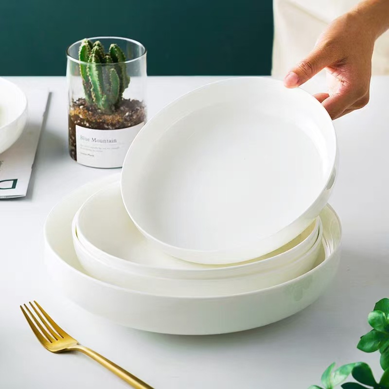 日式家用纯白8英寸窝盘菜盘深口盘汤盘创意餐具蒸蛋盘可微波炉