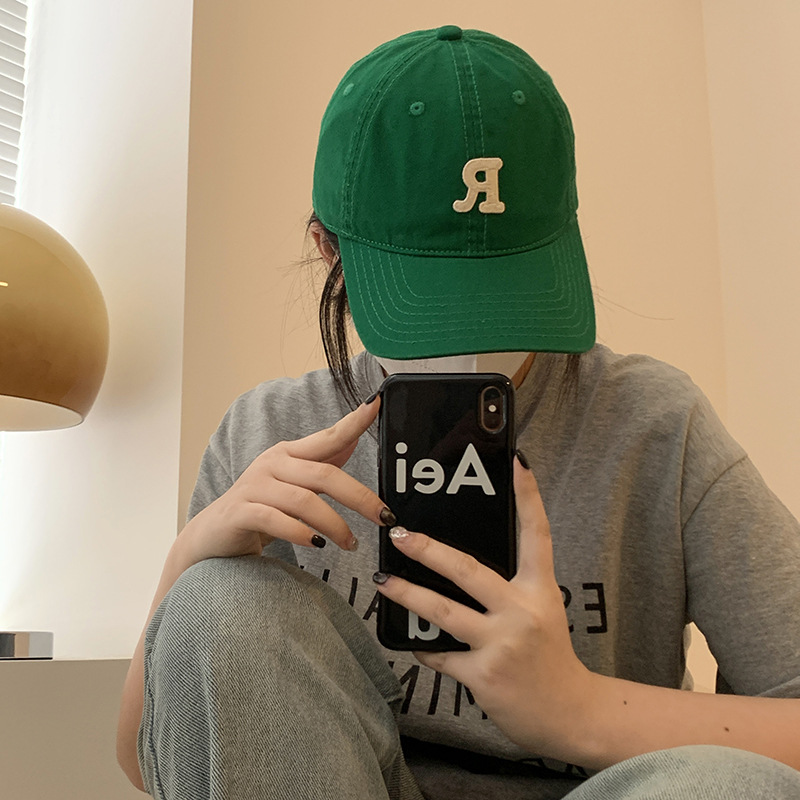 Green R Alphabet Peaked Cap Female Ins Fashion Brand Niche Big Head Circumference Show Face Small Soft Top Hat Summer Baseball Cap Male