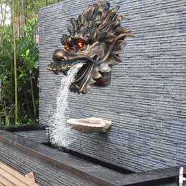 新中式酒店墙饰挂件仿石雕龙头吐水壁挂户外喷水池景观流水口装饰