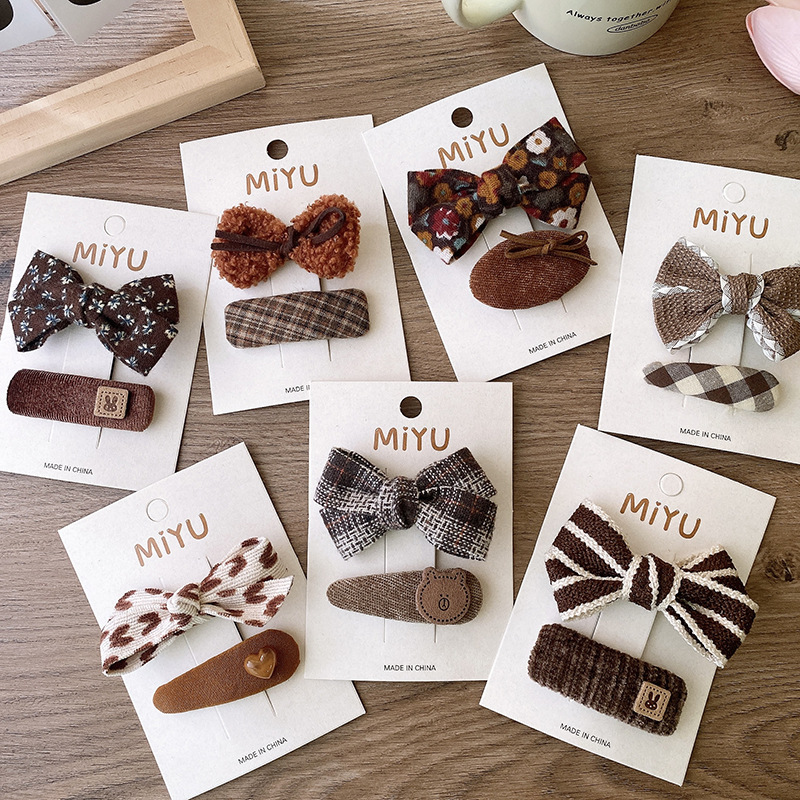 韩版秋冬美拉德色系深咖毛呢绒面布艺蝴蝶结刘海发夹少女儿童发饰
