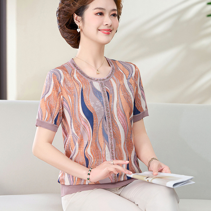 Mom Summer Clothes Western Style Slimming Thin Ice Silk Shirt Middle-Aged and Elderly Loose Short-Sleeved T-shirt 40-50 Years Old Fashion Tops