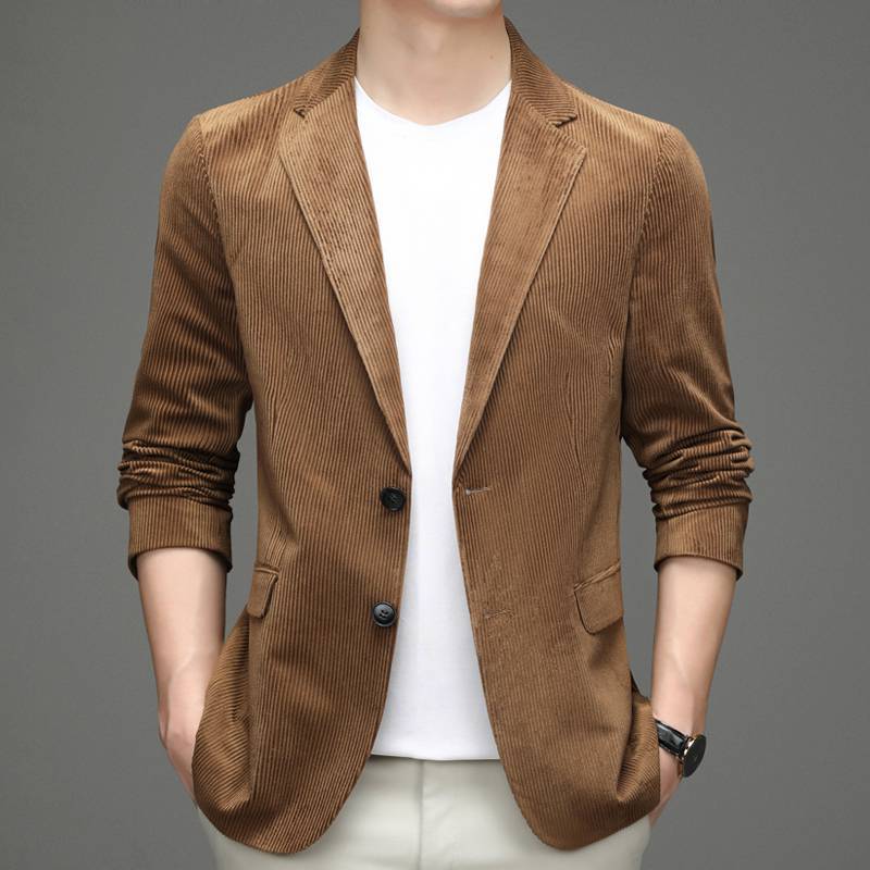 灯芯绒休闲西服男秋冬薄款条绒小西装韩版潮流帅气英伦风单西外套
