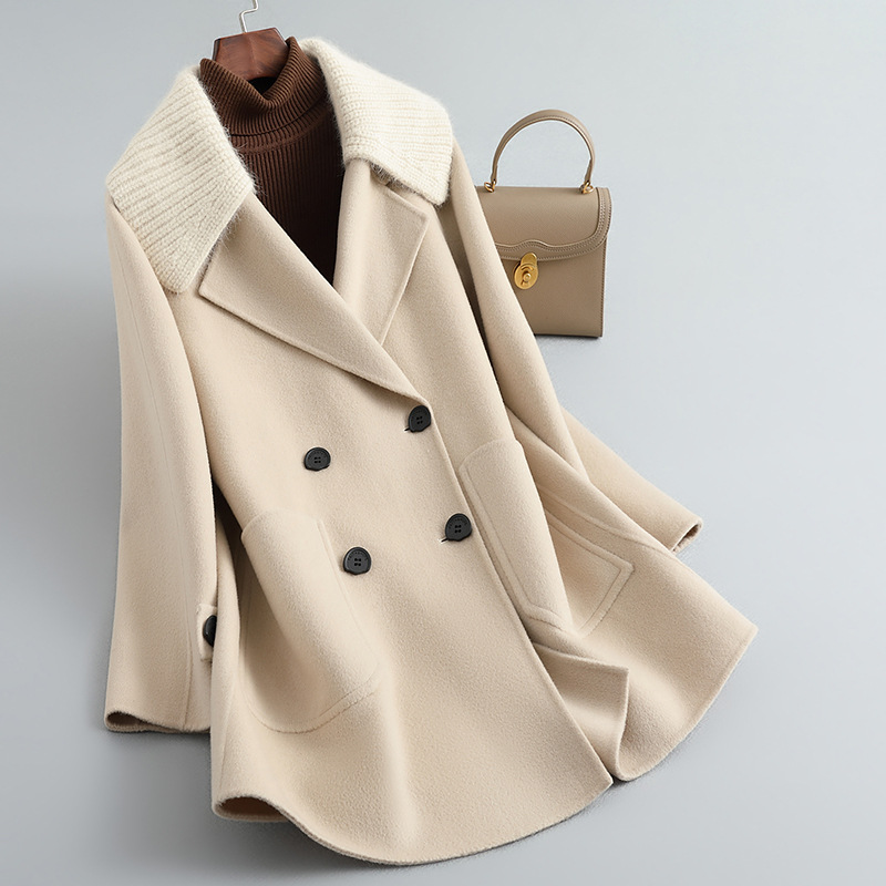 2023年秋冬新款双面呢羊绒大衣 针织毛领韩版羊毛呢外套女-阿里巴巴
