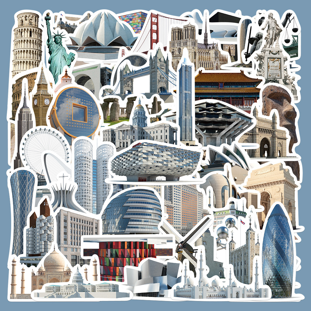 65张世界名建筑贴纸笔记本电脑手账本手机壳ipad装饰防水diy贴画