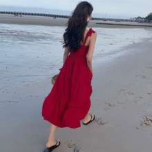 法式吊带裙红色吊带连衣裙设计感复古沙滩裙女海边度假仙2023夏季