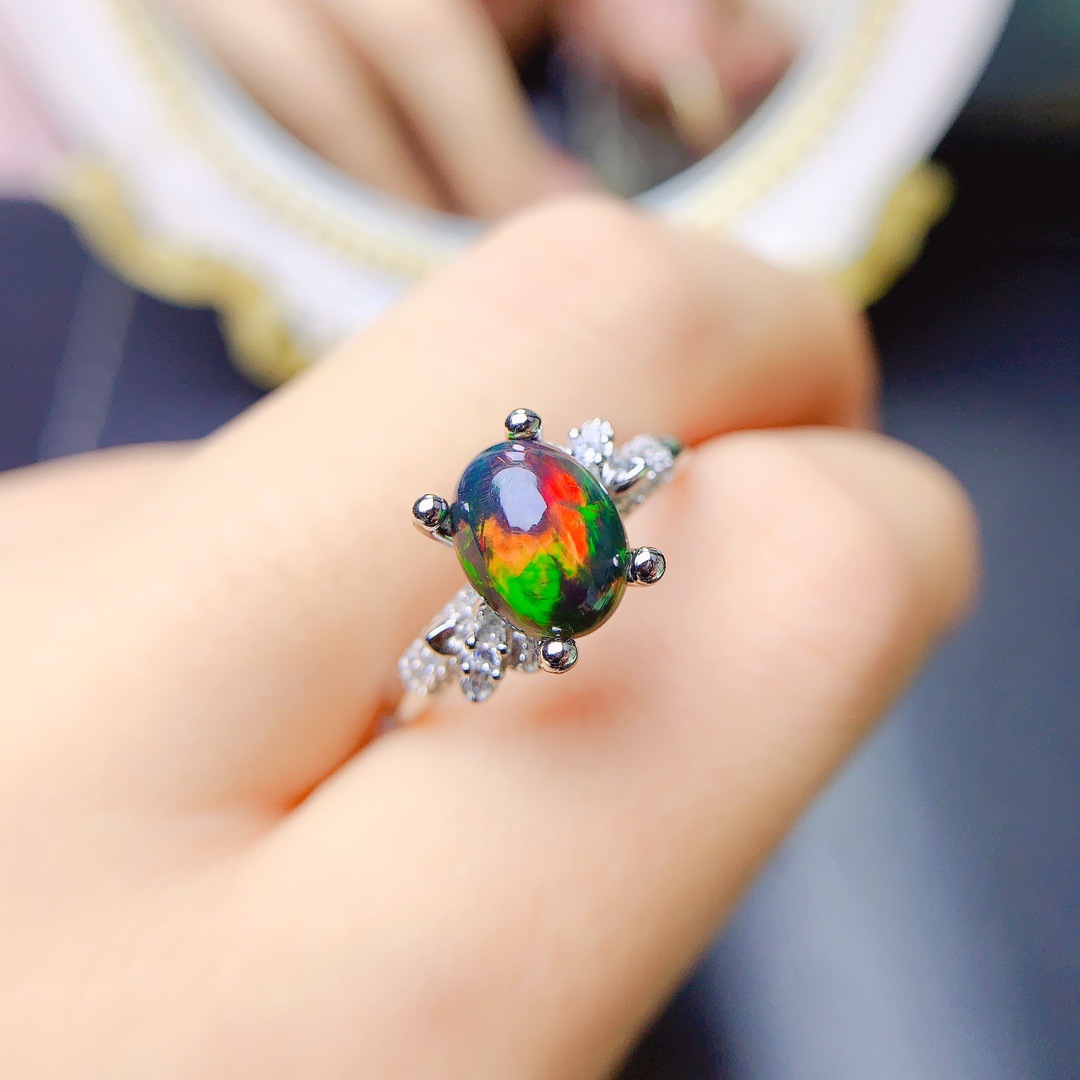 泽锋珠宝天然黑欧泊戒指s925银女饰主石8*10跨境一件代发