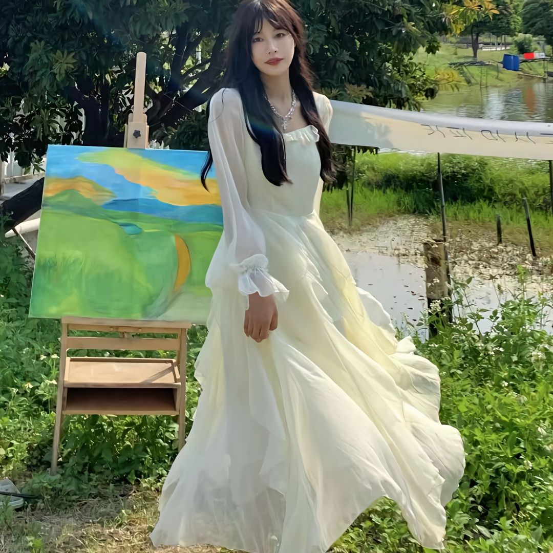 快手网红哦三妹同款法式甜美春夏连衣长裙长袖温柔风仙气网纱仙女