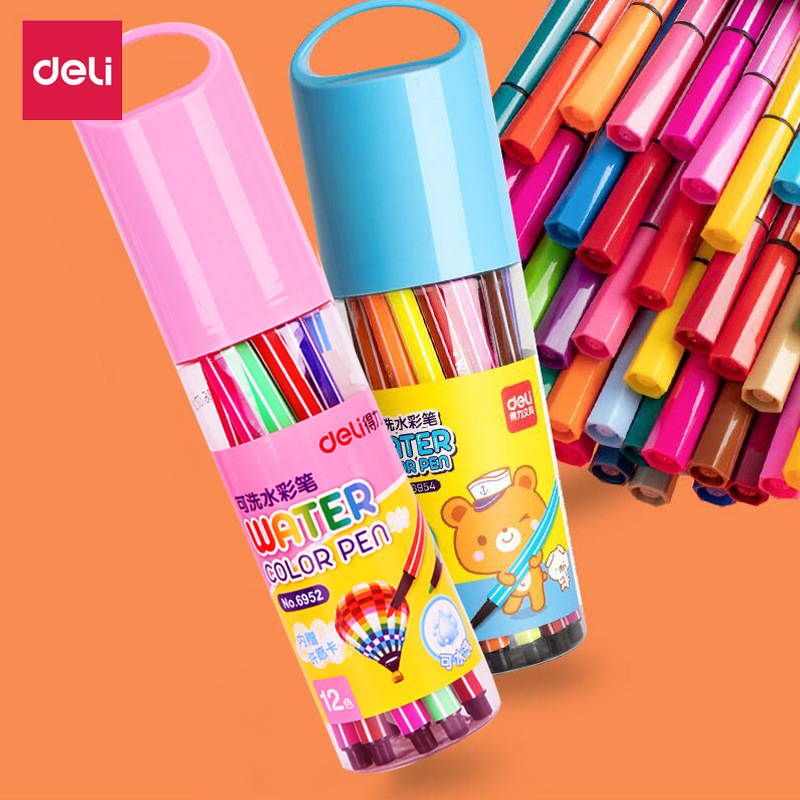 得力儿童彩笔可水洗水彩笔小学生幼儿园绘画美术画笔12色彩笔批发