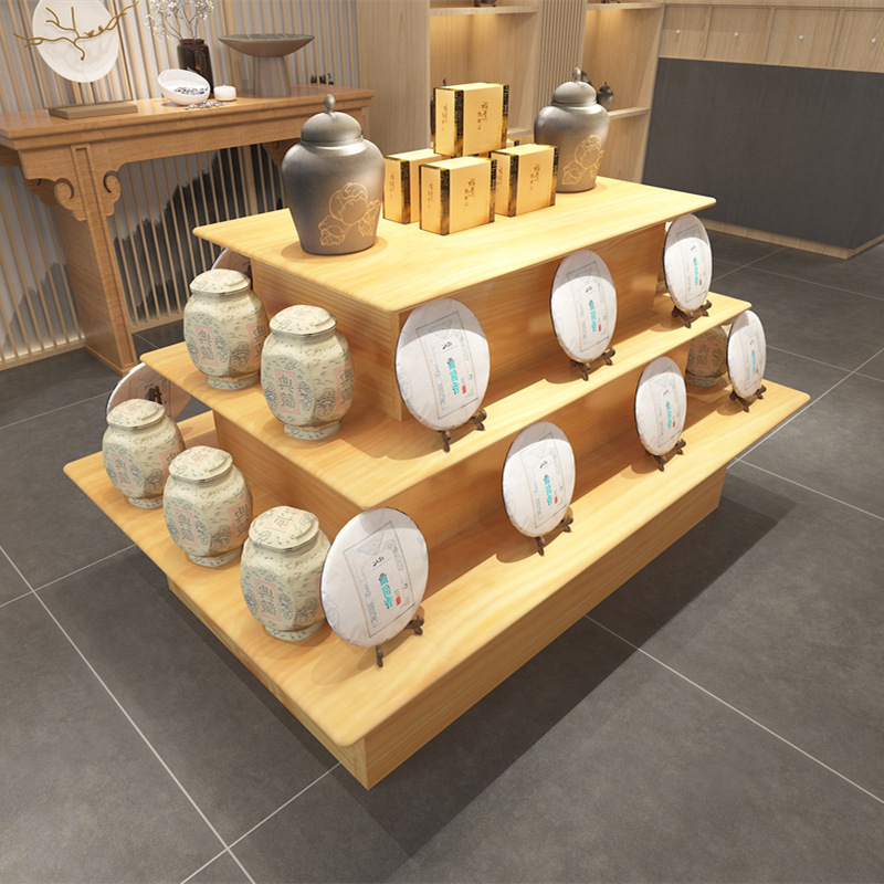 茶叶展示柜实木中岛流水台阶梯中式展厅货架宠物店产品陈列架-阿里巴