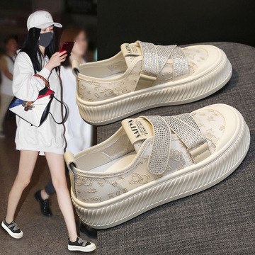一脚蹬帆布鞋女2024新款夏季透气网纱网鞋厚底轻便舒适学生小白鞋