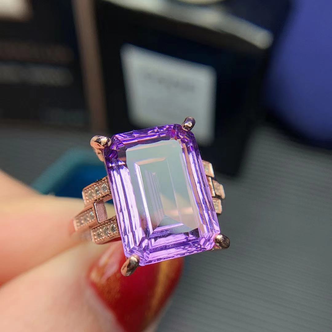 天然紫水晶戒指鸟巢工925银镶嵌活口设计感方形指环复古气质女戒