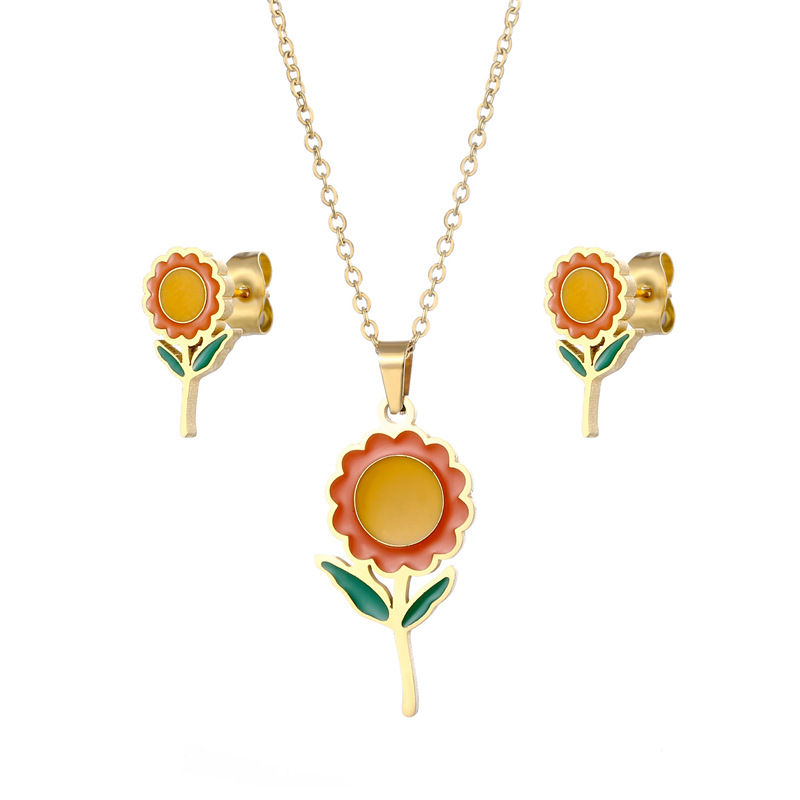 Cross-Border Stainless Steel SUNFLOWER Necklace and Earring Suit Sunflower Pendant Golden Sunflower Clavicle Chain Three-Piece Set for Women
