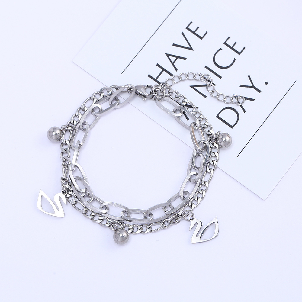 Japanese and Korean Style Harajuku Style Titanium Steel Bracelet Personality Double-Layer Hollow Little Swan Bracelet Short Chain Stitching Adjustable Bracelet