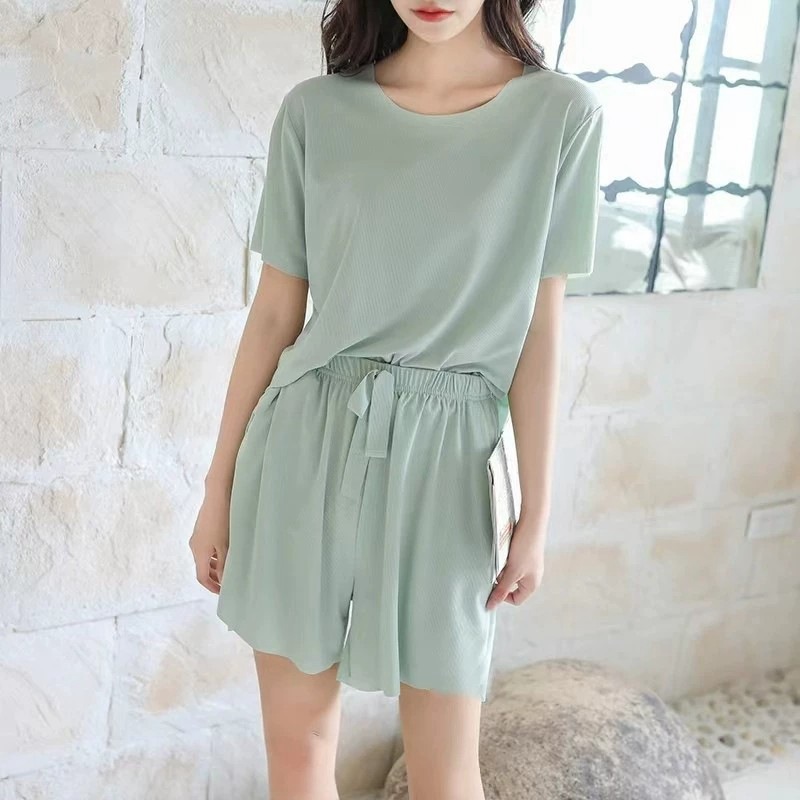 round-Neck Comfortable Pajamas Three-Piece Women's 2023 Spring and Summer New Loose Outfit Women's Casual Ice Silk Short Sleeve Homewear