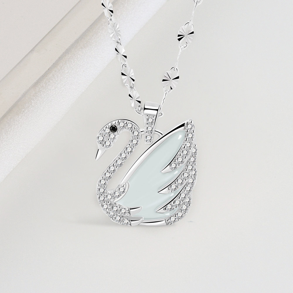 s925纯银白玉天鹅吊坠女 日韩气质锁骨链 白天鹅项链女情人节礼物
