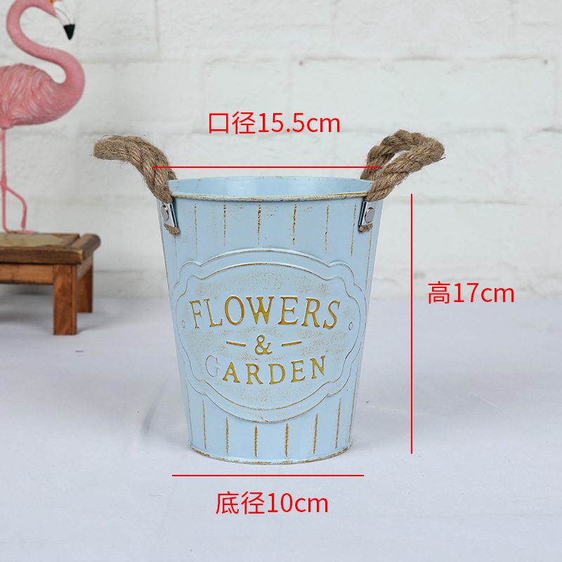 Large Mouth Retro Distressed Milky White Metal Pots Flower Bucket Hemp Rope Iron Flower Pot Set for Flowers and Green Plants