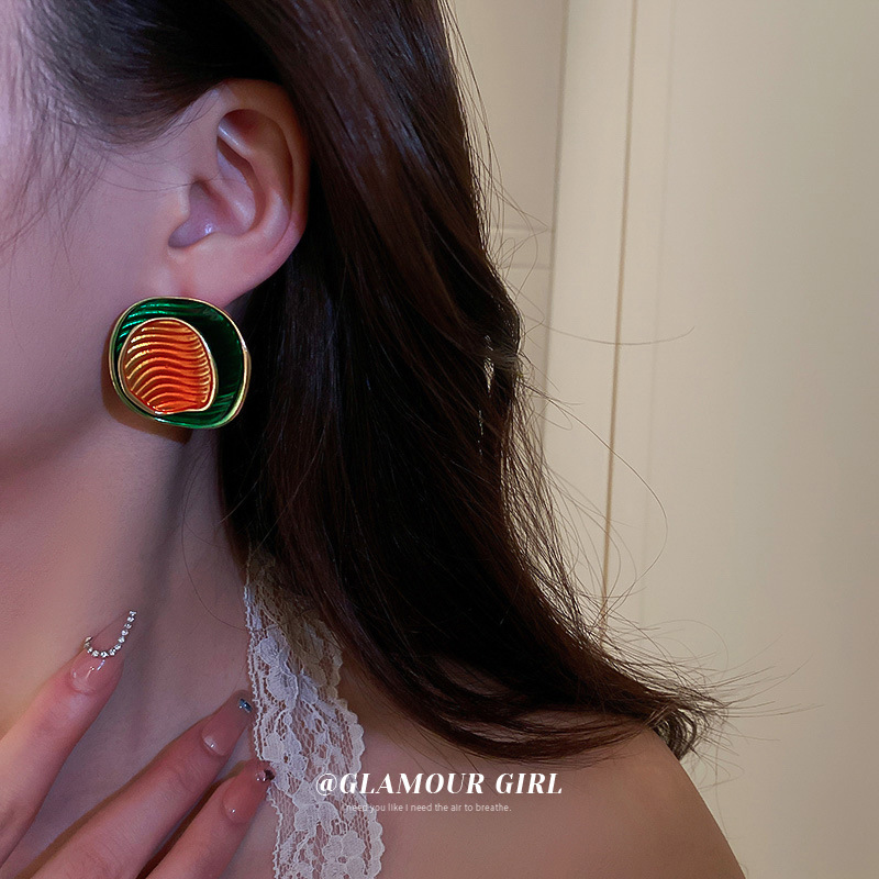 Silver Needle Green Geometric round Earrings Korean High-Key Eardrop Retro Personality and Fashion Artistic Earrings