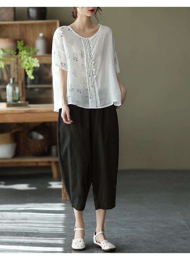 21夏季新款国风复古苎麻上衣文艺宽松短袖套头衫白色t恤女
