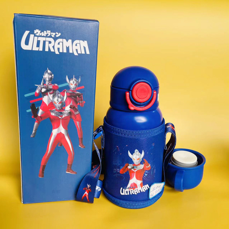 New Ultraman Children's Thermos Mug Stainless Steel Double Cover Cup with Straw Kindergarten Student's Portable Water Bottle Bullet Cup