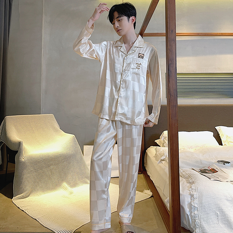 男士睡衣春秋款2024新款秋冬季光泽冰丝长袖青少年男生家居服套装