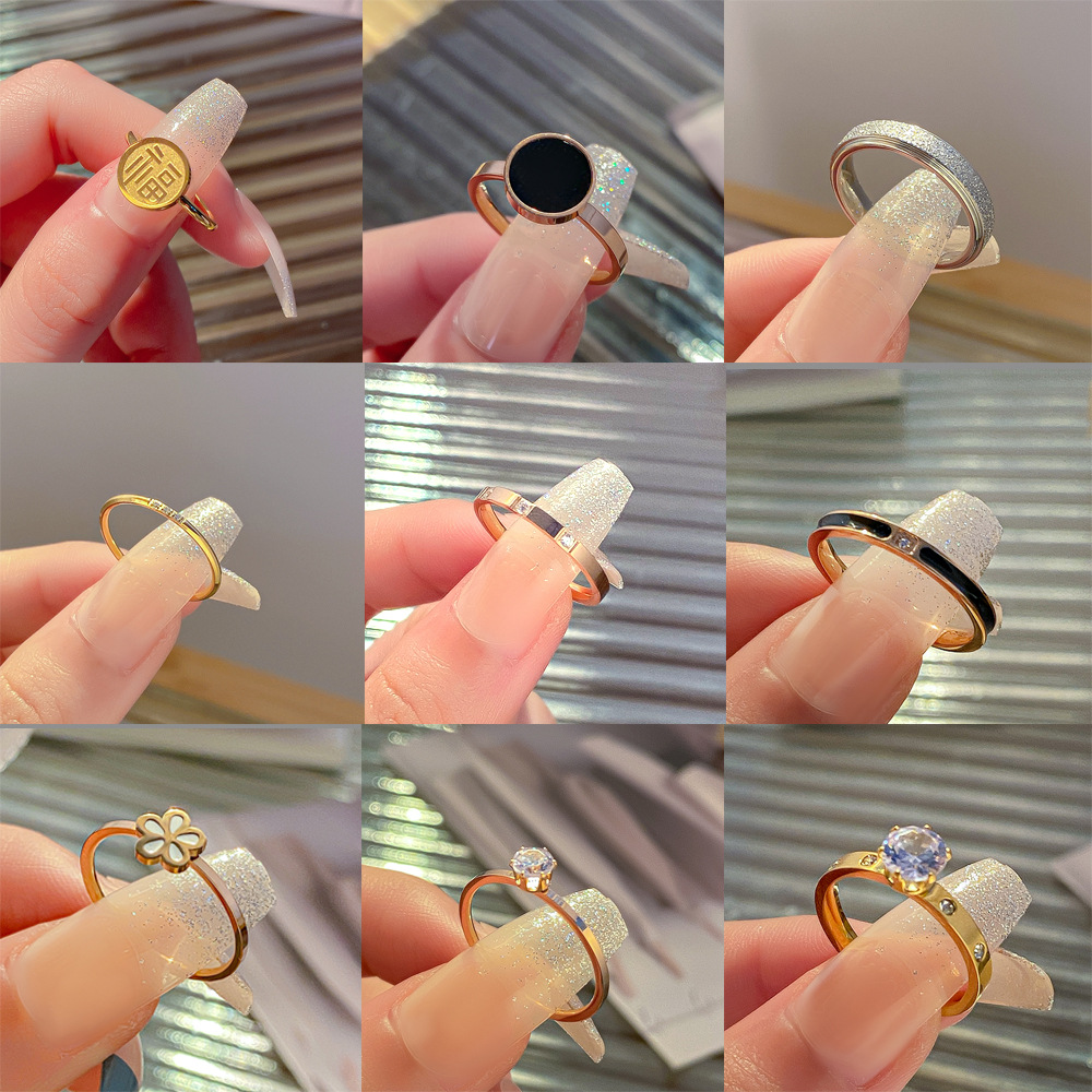 Korean Style Ins Style Simple Titanium Steel Ring Female Fashion Special-Interest Couple Couple Rings Internet Celebrity Light Luxury All-Matching Diamond Ring