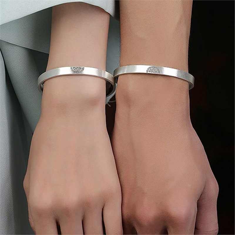 囍字国潮手镯情侣一对s999足银开口实心复古刻字镯字订婚结婚礼物