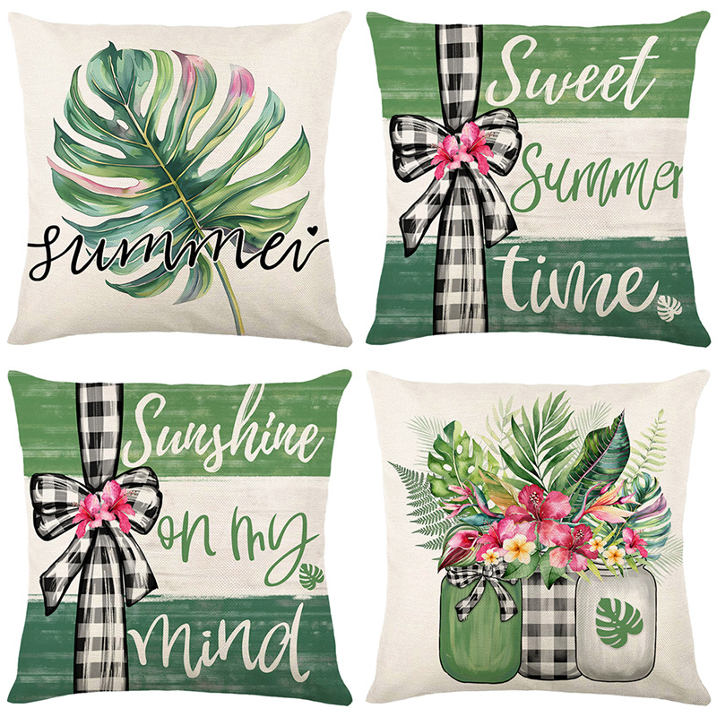 2024 New Green Plant Pillow Cover Letter Linen Printing Home Throw Pillowcase Living Room Sofa Decoration Cushion Wholesale