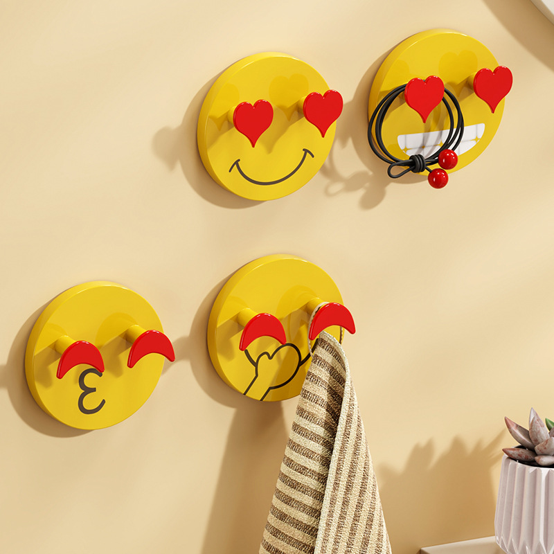 Cartoon Smiling Face Hook No-Punch Sticky Hook Wall Paste Double Hook Plastic Clothes Hook Cute Cartoon Hook Home