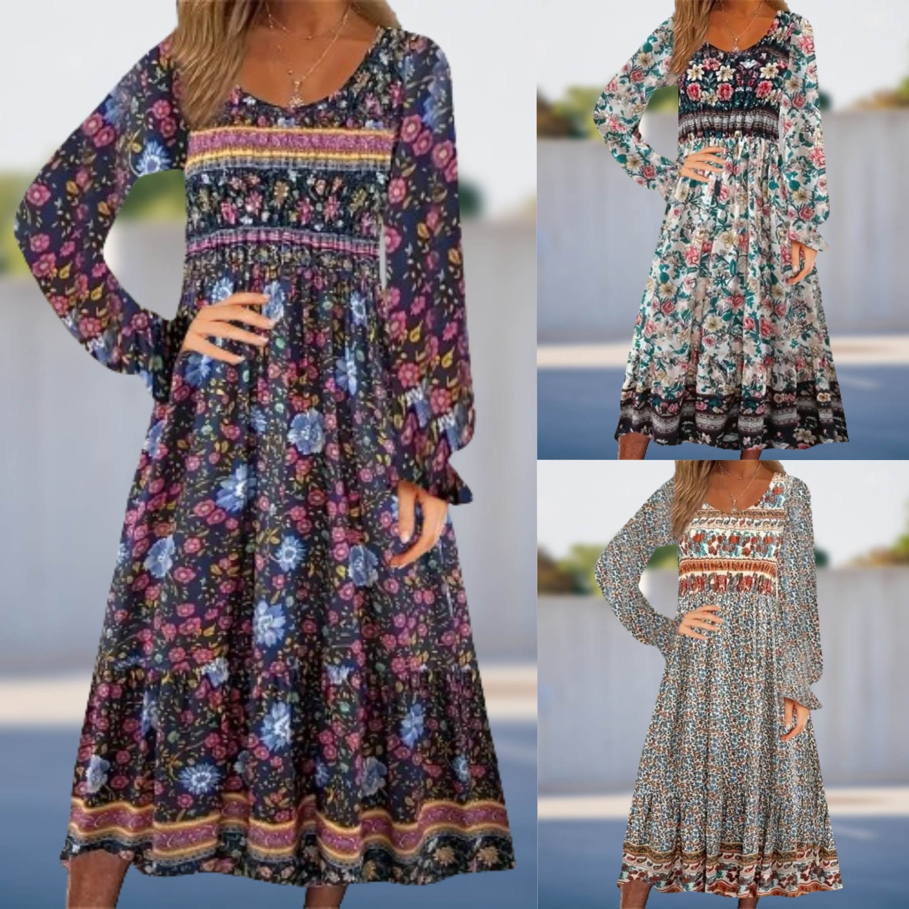 2024跨境女装春季新款印花连衣裙圆领套头长袖气质通勤a字裙 现货