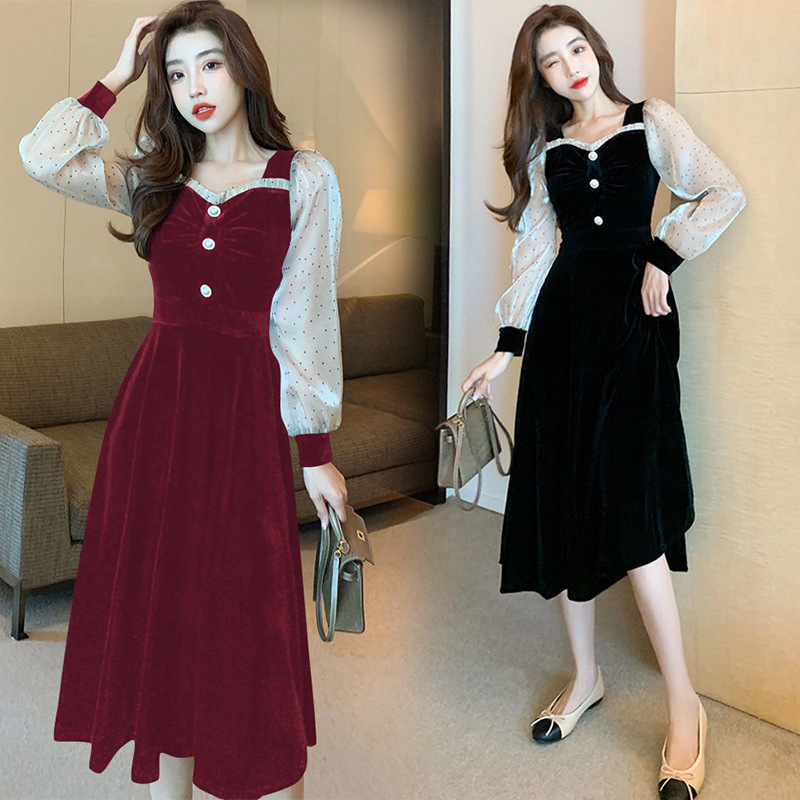 法式复古丝绒连衣裙女中长款秋冬装2021年新款纯色时尚气质裙子潮