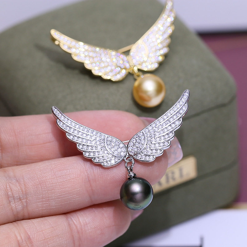 diy饰品配件 优雅微镶珍珠胸针空托 天使翅膀别针