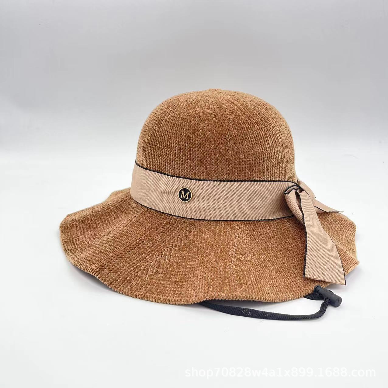 Internet Hot New Autumn and Winter Chenille Small M Bow Windproof Warm Broad-Brimmed Hat