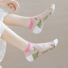 春夏新品玻璃丝袜女薄款透气水晶袜韩版卡通透明彩色短袜不掉跟