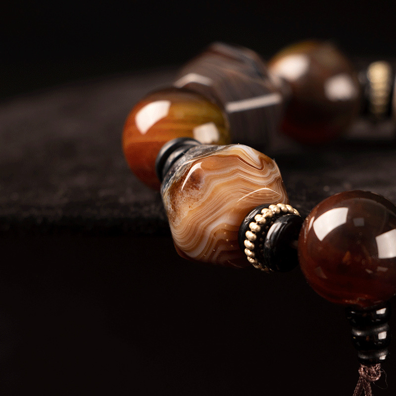 天然缠丝玛瑙咖色多棱手串男款藏式三眼天珠桶珠文玩礼品手链