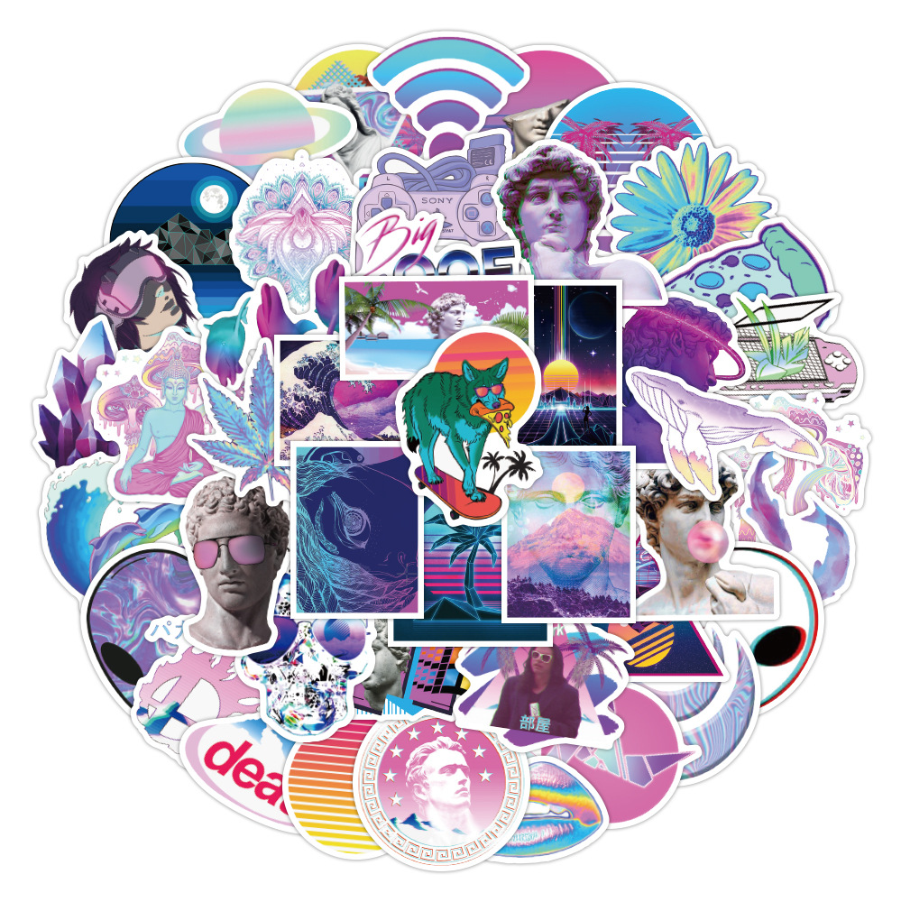 50张不重复跨境蒸汽波涂鸦贴纸水杯手机行李箱防水个性创意贴画