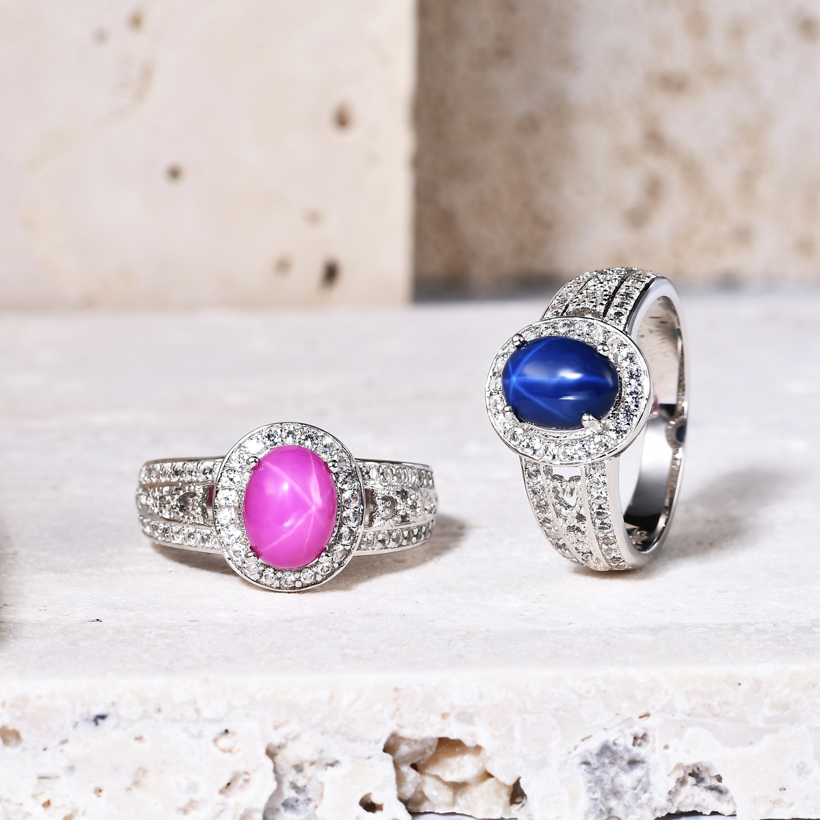 奢华六射线星光红蓝宝石戒指 欧美复古珠宝高级感s925银镶嵌戒指