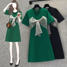 夏季裙子女2024新款洋气减龄显瘦遮肚绿色蝴蝶结连衣裙酱
