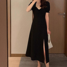 黑色连衣裙女2024年夏季设计感开叉法式长裙子高级感赫本风小黑裙