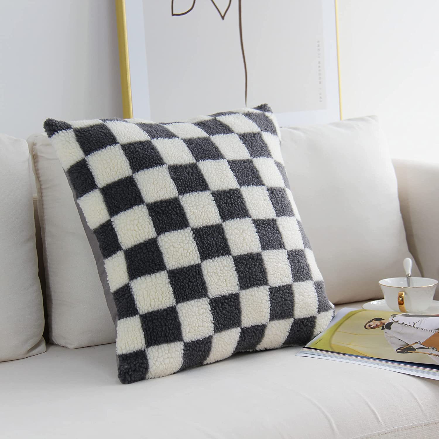 Amazon Hot Sale Chessboard Plaid Pillow Black and White Plaid Pillow Cover Living Room Hand Warmer Plush Pillow Sofa Cushion Lumbar Pillow