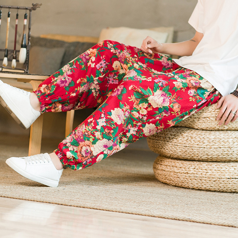 中国风亚麻休闲裤宽松潮牌束脚裤夏季薄款棉麻东北大花裤子男大码