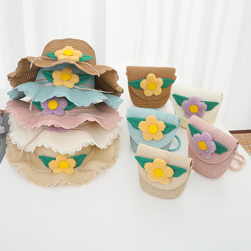 Children's Sun Hat Girls' New Straw Hat Bag Set Sun Hat Summer Princess Flower Accessories Beach Cool Hat