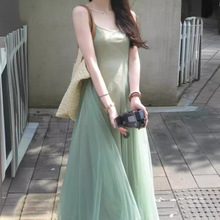 2024夏季新品气质显瘦舒适设计感小众时尚艺术生绿色长裙两件套女