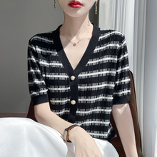 法式小香风撞色条纹针织开衫短袖女夏薄珍珠扣天丝凉感空调衫外搭