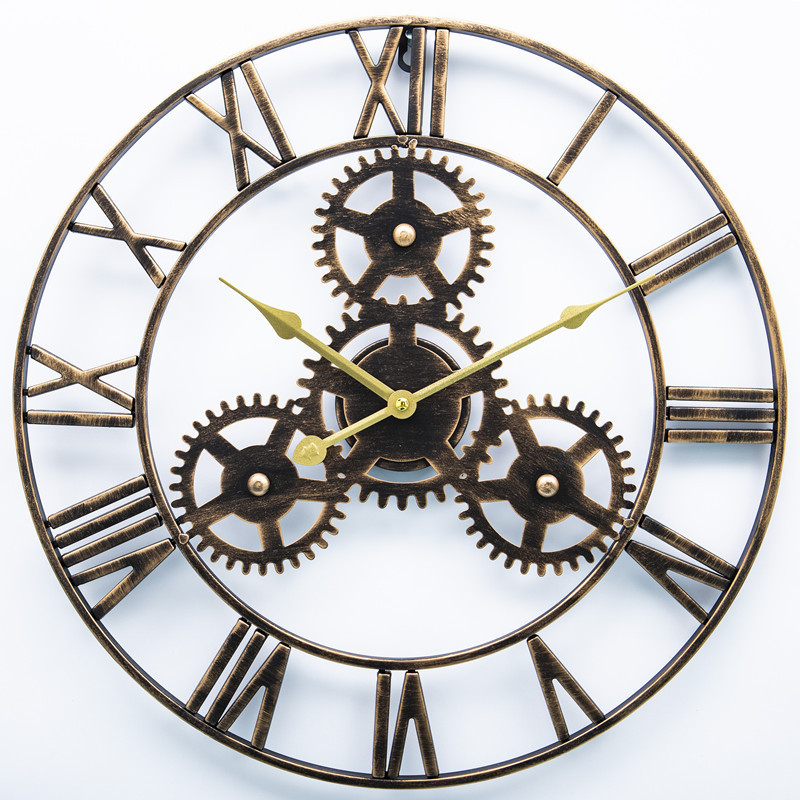亚马逊热卖铁艺齿轮挂钟家用客厅静音复古欧式轻奢装饰时钟表批发