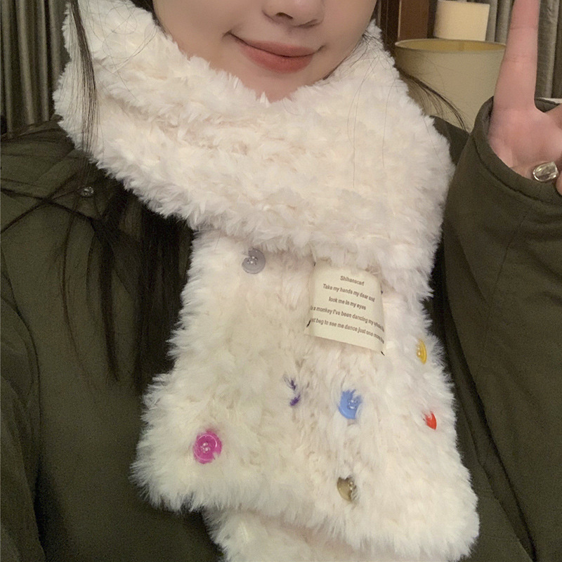 Women's Korean-Style Ins Fashionable Colorful Button Plush Milky White Scarf Winter Warm Thickened Cute Scarf for Students