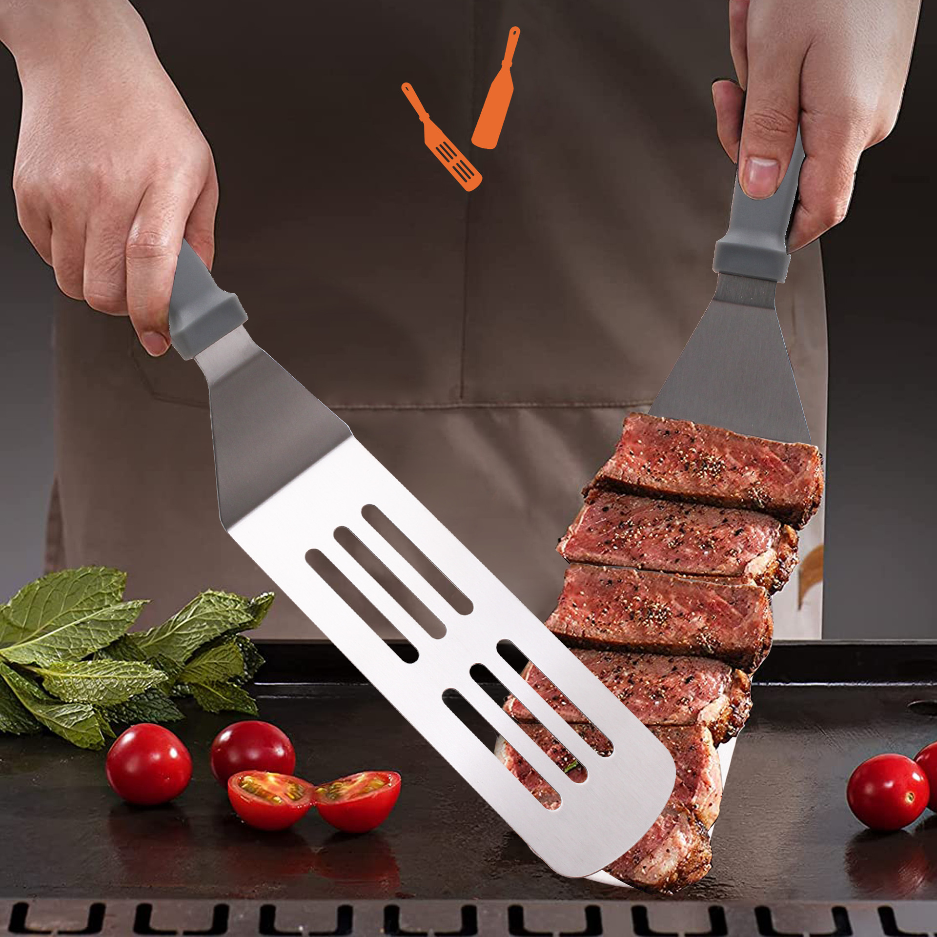 亚马逊加厚煎铲料理铲套装户外烧烤工具bbq烤具铁板烧铲食物夹