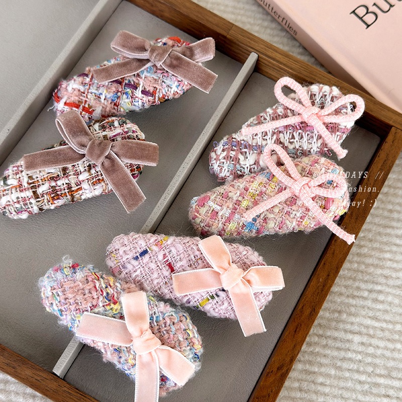 Classic Style Pink Bow Woolen Barrettes Female Autumn and Winter Bangs Side Clip High Sense Hairware Hairpin